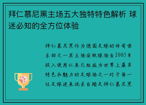 拜仁慕尼黑主场五大独特特色解析 球迷必知的全方位体验